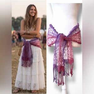 NWT Simply Noelle Boho Lace Scarf Wrap Ombre Purple Pink Floral 9.5” x 60”